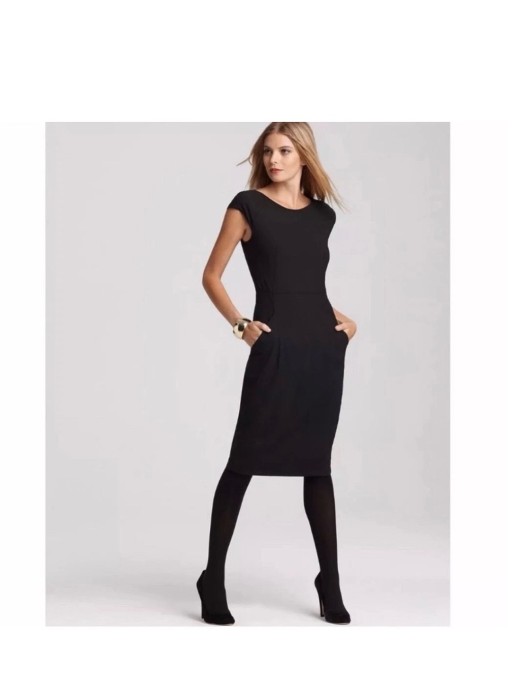 Theory Wool Blend Cap Sleeve Sheath Dress Pockets Black LBD 4